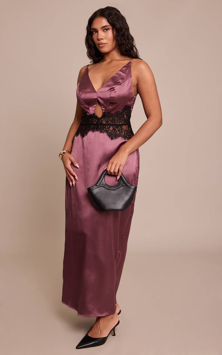 Rouge Bordeaux Robe Maxi Satinée Shape À Détails Dentelle Acid