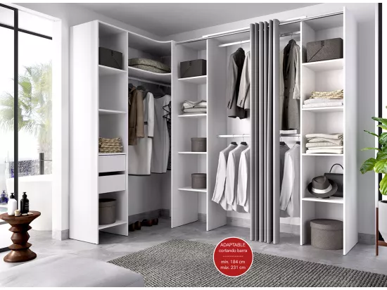 Kit armoire dressing d'angle extensible en bois mélaminé coloris blanc - Longueur 164-234 x Profondeur 141 x Hauteur 205 cm