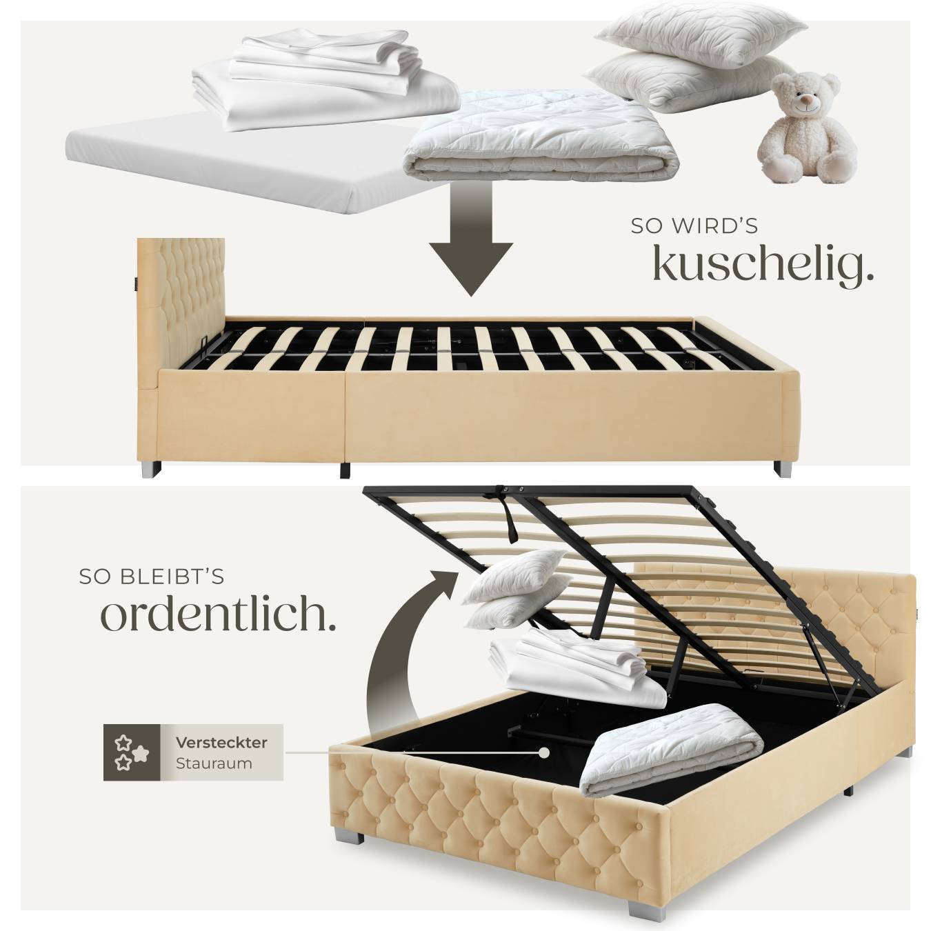 Polsterbett mit LED-Leisten & Stauraum