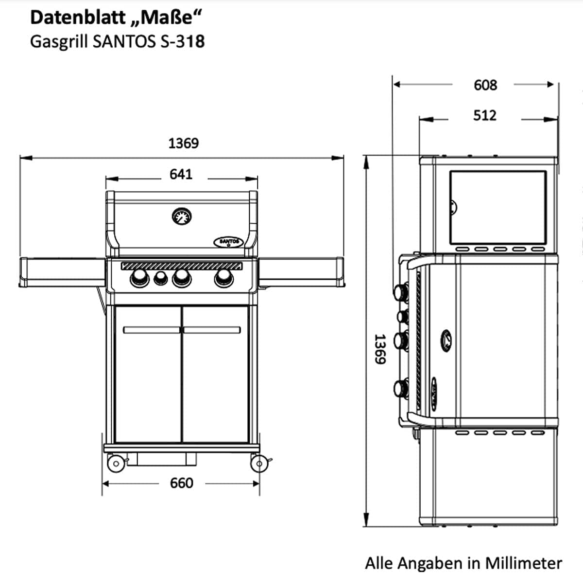 SANTOS Gasgrill S-318-800 Grad Infrarot-Zone & Heckbrenner - ausziehbares Warmhalterost - inkl. Drehspieß, Rostheber & Silikonablage - All Black