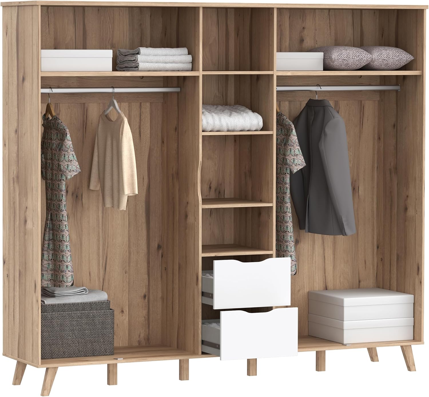 Forte VANKKA Kleiderschrank 230, Skandi Schrank mit 5 Drehtüren und 2 Schubladen, Filigrane Möbelbeine, Holzwerkstoff, Planked Eiche Holzdekor | Weiß, 228,8 cm breit x 201,5 cm hoch x 52,7 cm tief