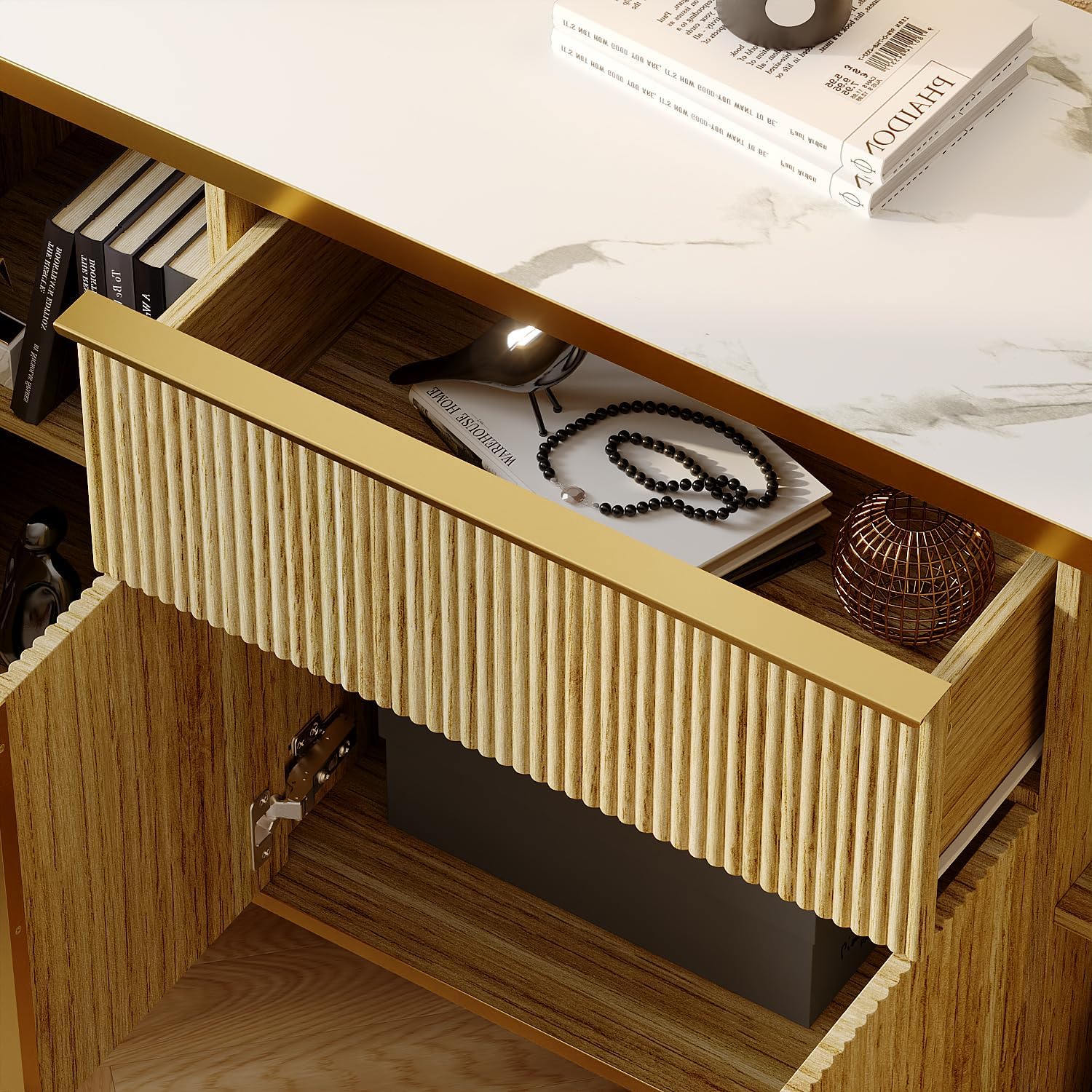 Caldion Sideboard mit 3 Türen und 1 Schublade kommode Wohnzimmer für Küchenschrank Küchenschrank Sideboard mit Schubladen Flur möbel buffetschrank Natürliche Holzfarbe 140x38.9x80cm