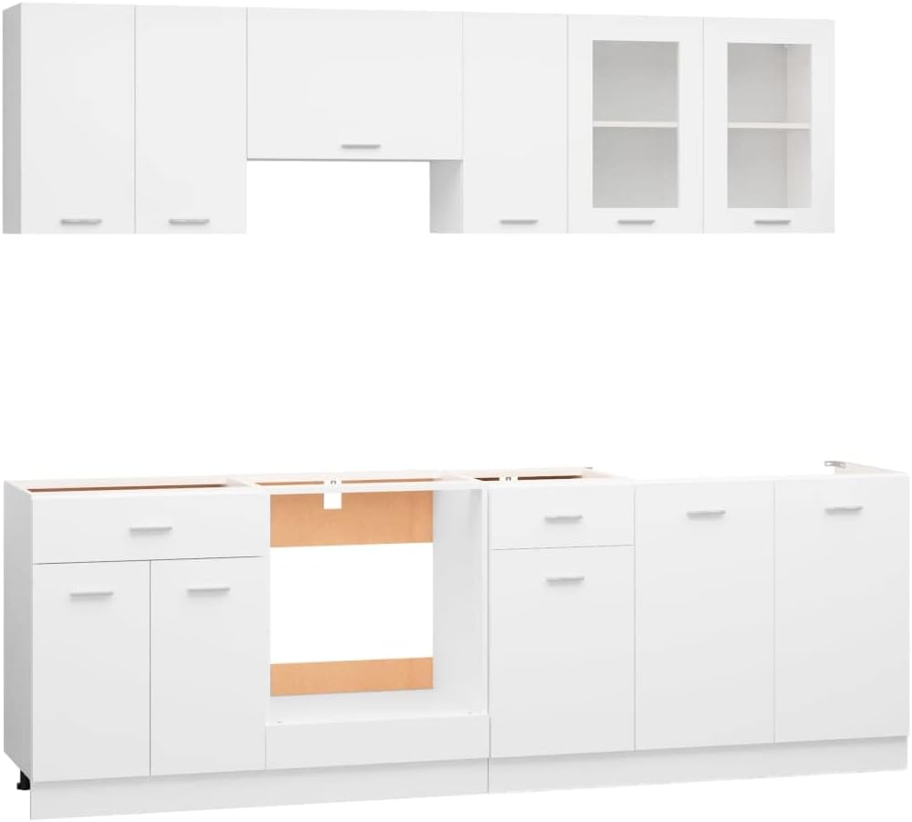 ACAGALA Küchenblock 240 cm variabel stellbar, 8-TLG. Küchenzeile Einbauküche, Weiß Holzwerkstoff, Küche Komplett, Schrank-Set, Unterschrank, Küchenschrank, Hängeschrank, ohne Arbeitsplatte