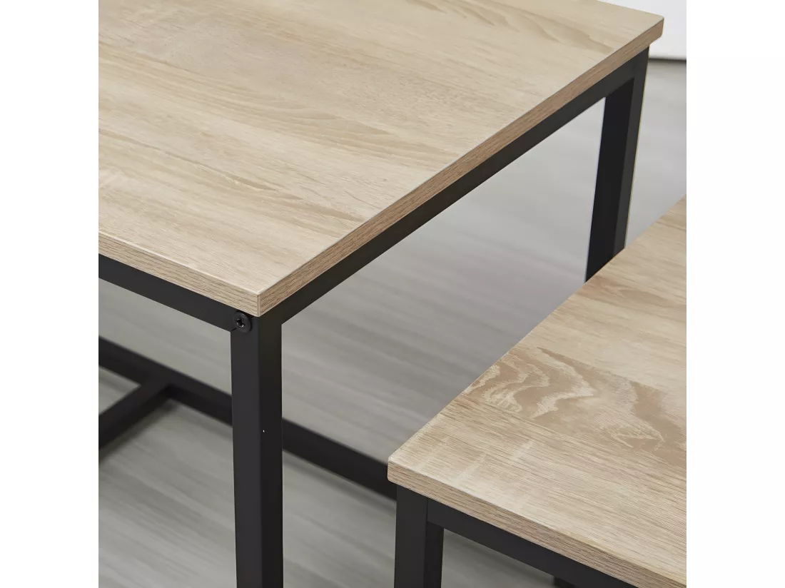 Lot de 3 tables basses gigognes CALVI / Décor Chêne blanchi et Piètement métal noir