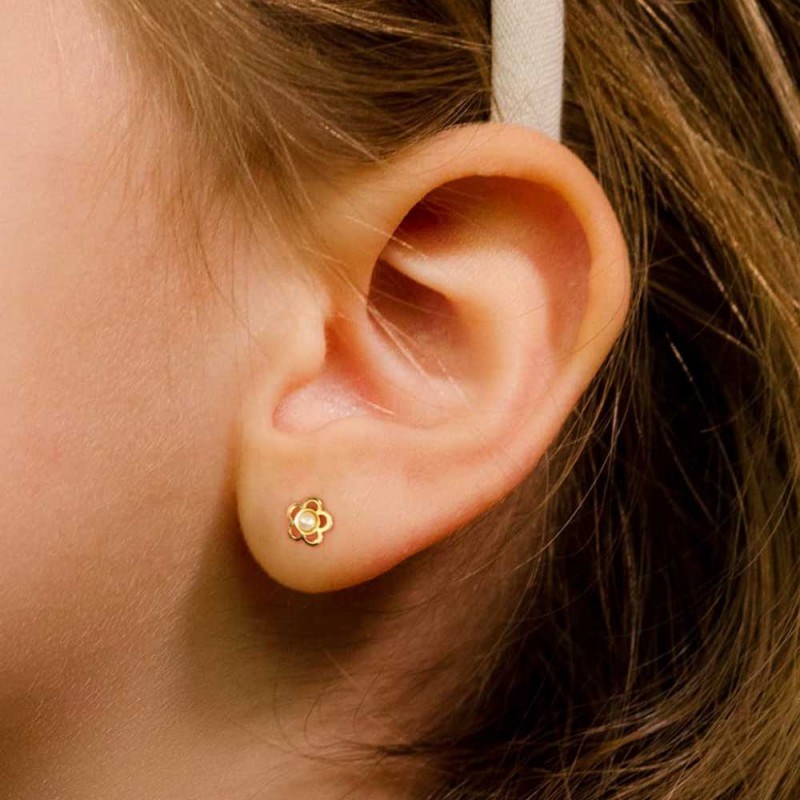 Boucles d'Oreilles Or 18 Carats 750/000 Jaune - Perles de Culture - Motif Fleur