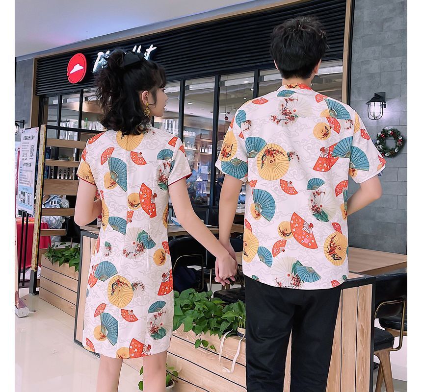 NoonSun - Koppel bijpassende korte mouwen waaier print mini qipao / shirt / effen rechte broek / set
