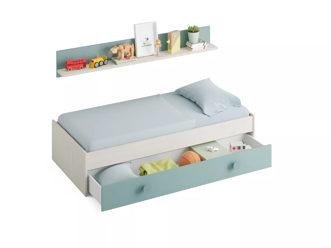 Lit gigogne 90x190 + étagère Bois blanchi/Vert - MONTEREY