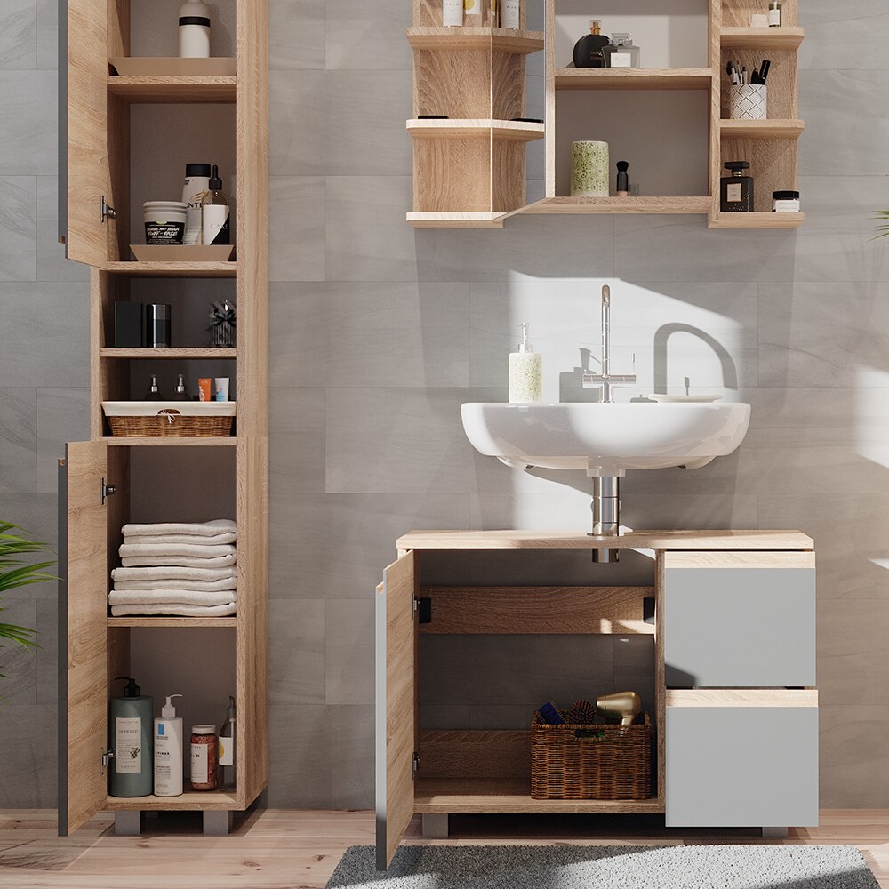 Vicco Badmöbelset J-shape Sonoma Anthrazit modern Badezimmer Schrank Badschrank Waschtischunterschrank Spiegelschrank Hochschrank Schranktür Schrankschublade Schrankfach Ablage Aufbewahrung