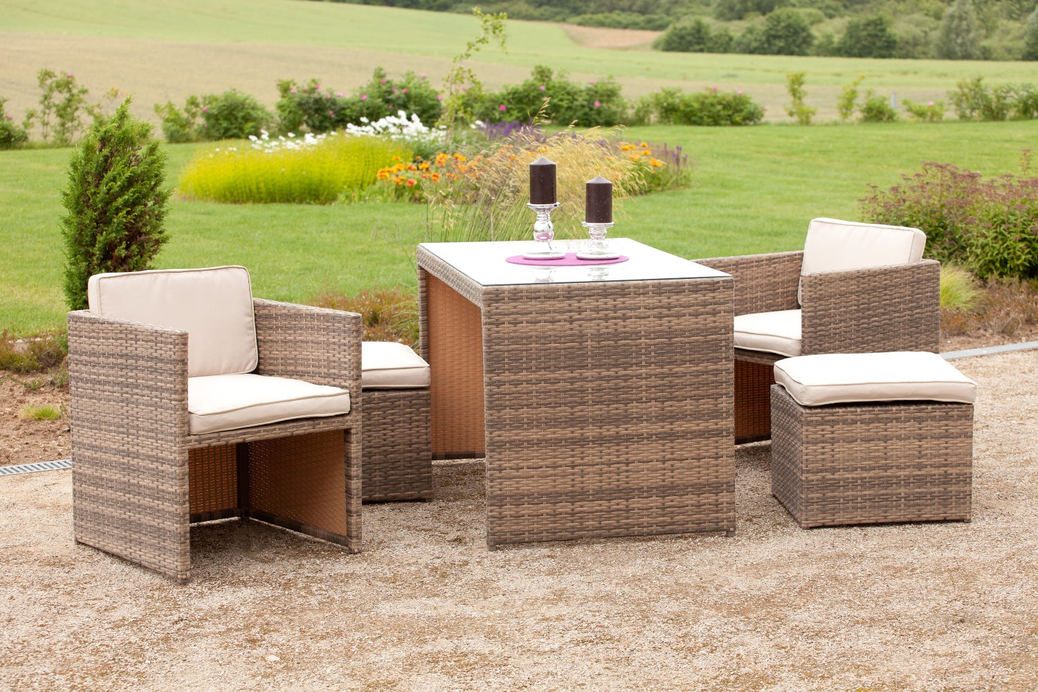 Tuinmeubelset Merano, 2 fauteuils, 2 krukken, 1 tafel, inclusief kussens, naturel