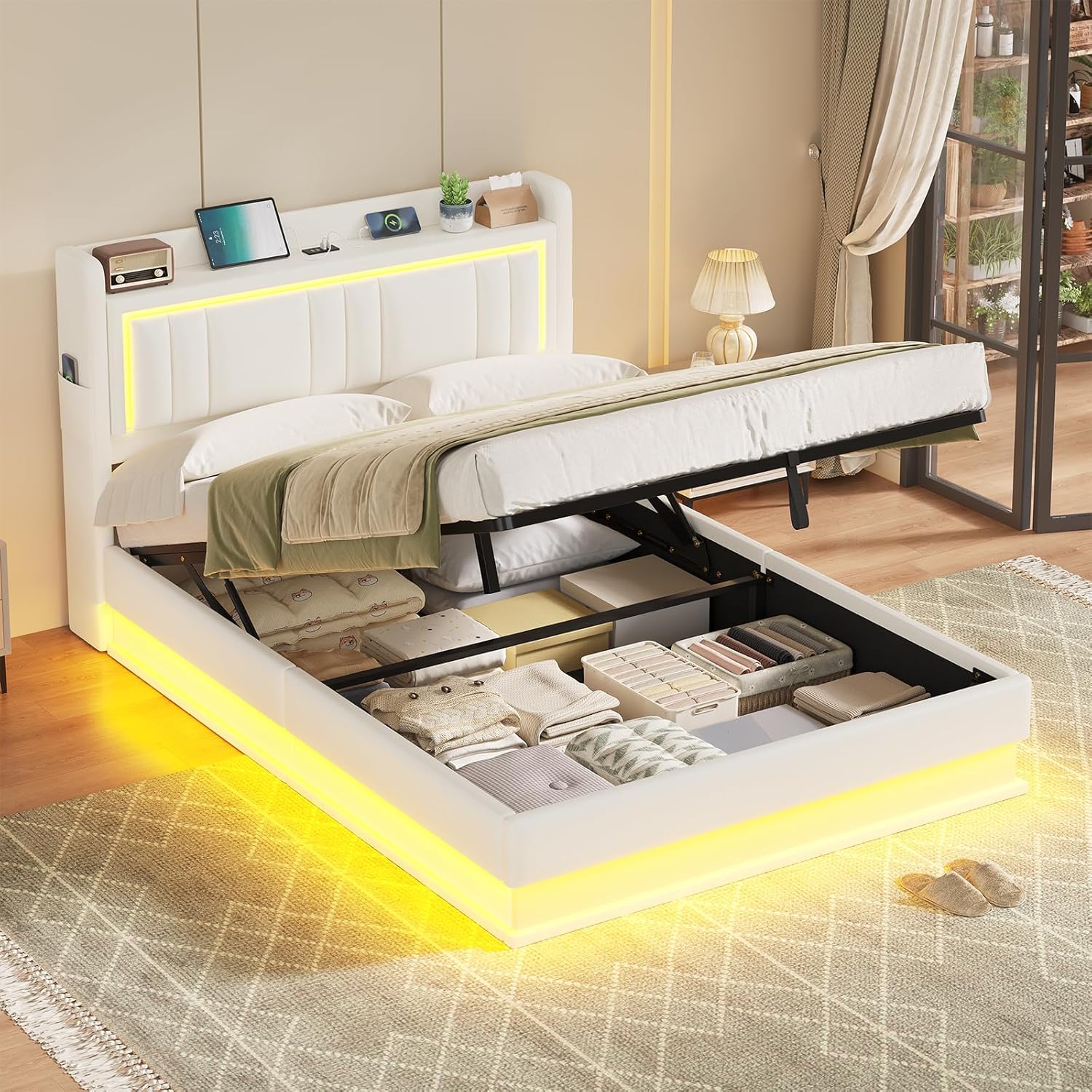 Bett mit LED Beleuchtung, Hydraulisches Bett 140x200 cm, Polsterbett, Kopfteil mit Stauraum, Ladestation, Bettgestell mit Lattenrost, Schwebender visueller Effekt, Schlafzimmer, PU weiß