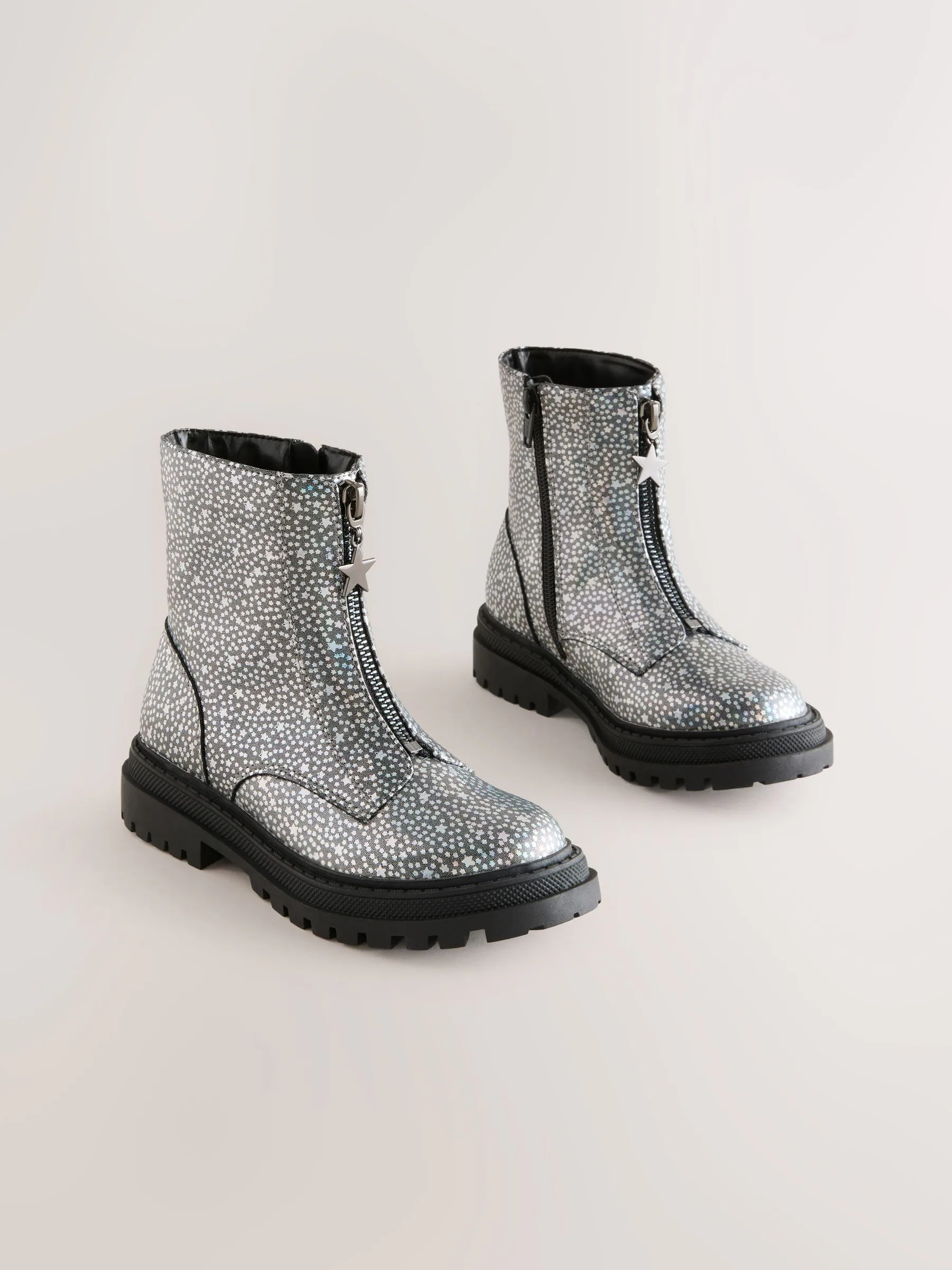 Silver Metallic Stars - Enkellaarzen met rits aan de voorkant