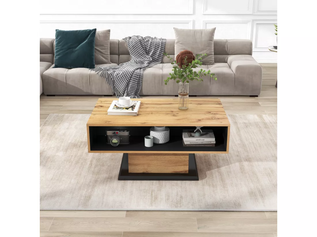 Table basse grain de bois avec rangement double face et tiroir 100x47x60 EINPHATH