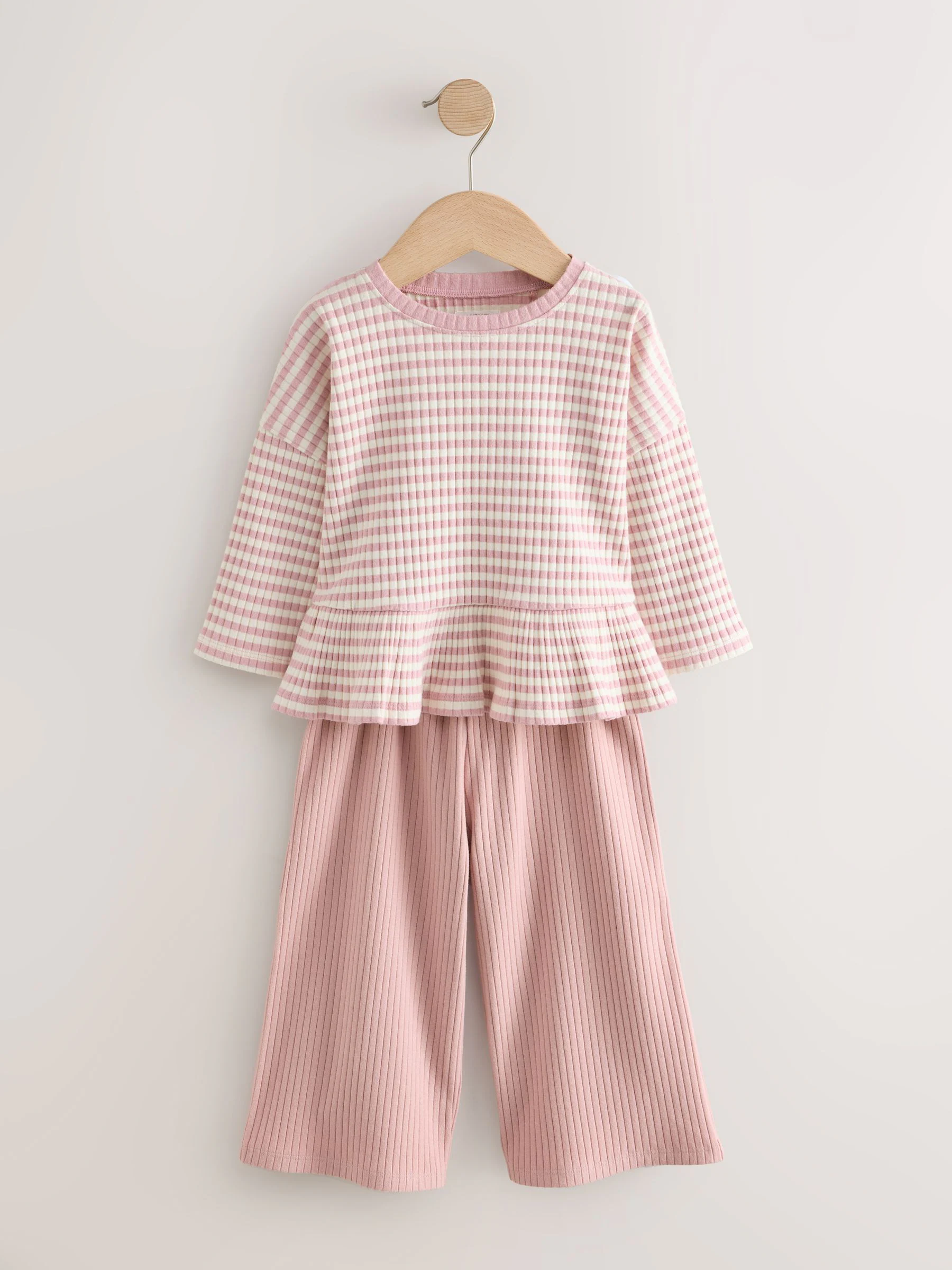 Roze - Set met geribbelde top met lange mouwen en broek met wijde pijpen (3mnd-7jr)