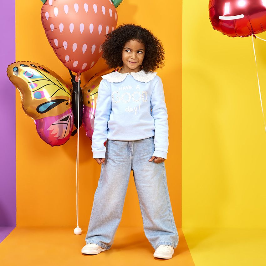 Jean large effet délavé pour fille - Bleu