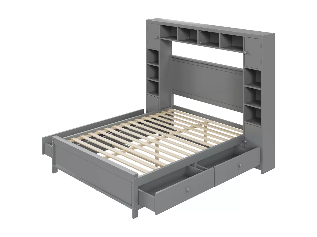 Lit 140 x 200 cm avec 4 tiroirs et rangement - Bois massif - Décor gris - CONAN