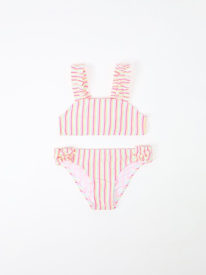 Conjunto de biquíni listrado de duas peças com scrunchie - Fúcsia fluorescente