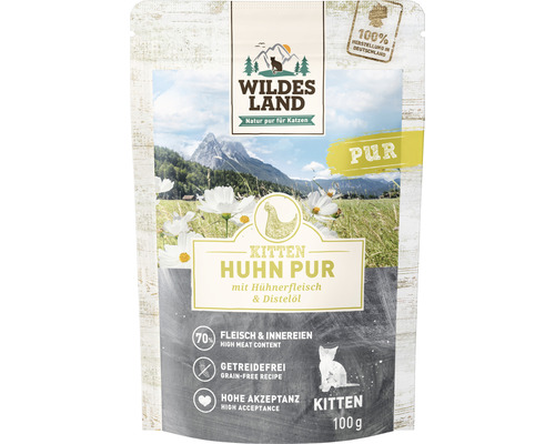 WILDES LAND Pure Kip Natvoer voor Kittens met Distelolie en Waardevolle Superfoods, Graanvrij, Glutenvrij 100g