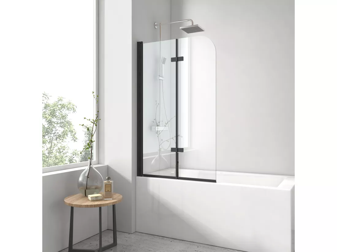 EMKE Pare-baignoire paroi de douche pour baignoire noir mat 2 parties pliable 120x140cm pare-baignoire 6mm NANO GLASS