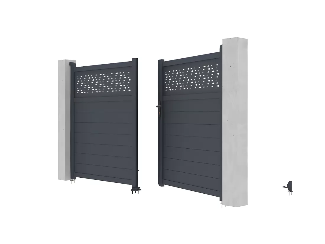 Portail électrique battant aluminium semi plein à motifs L305 x H181 cm anthracite - BAZIO
