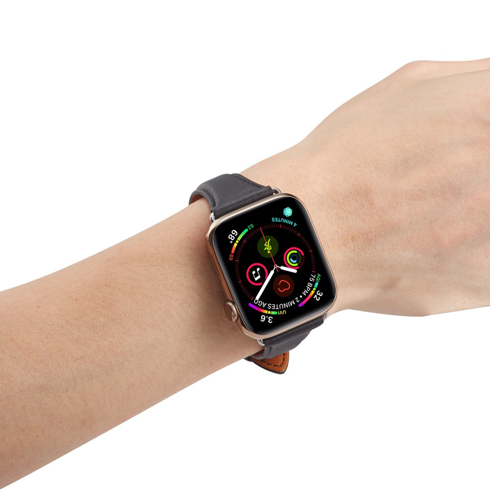 Changee - Apple Watch (42/41/40/38 mm) Echtleder Armband Slim mit Dornschliesse (Gelenkumfang: 175-210mm) - Schwarz / Silber