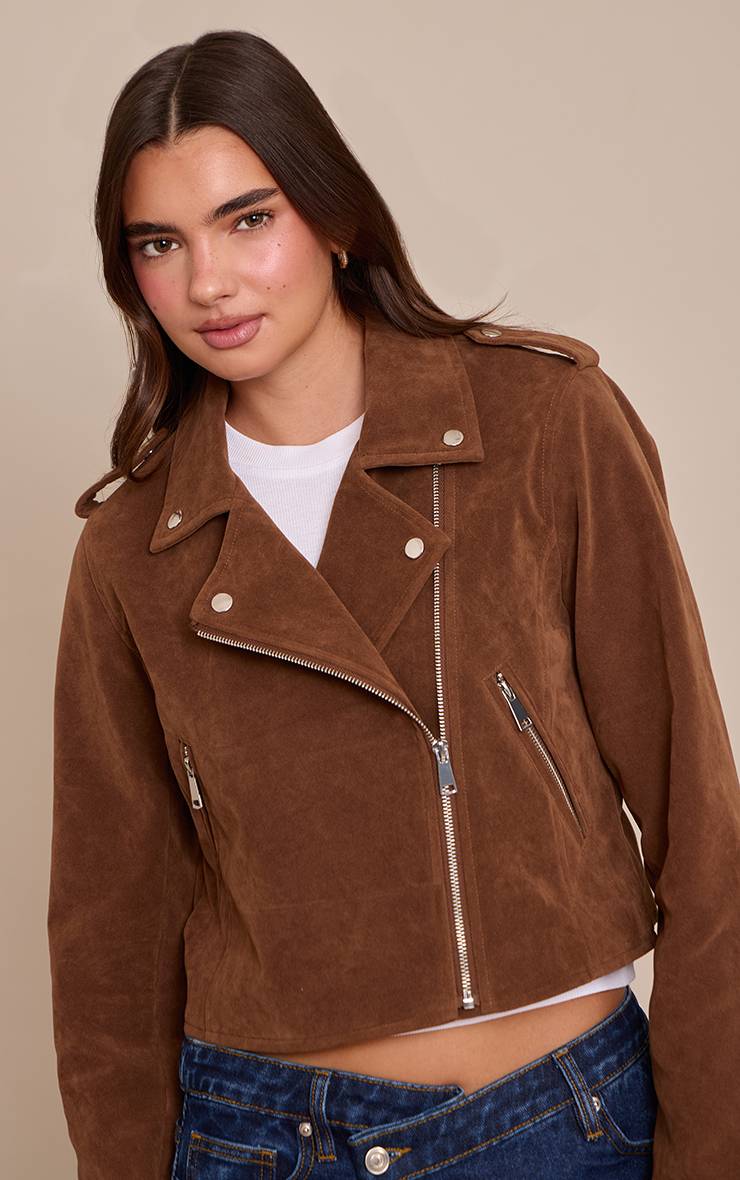 Marron Veste De Motard En Faux Suède Avec Détails De Poches