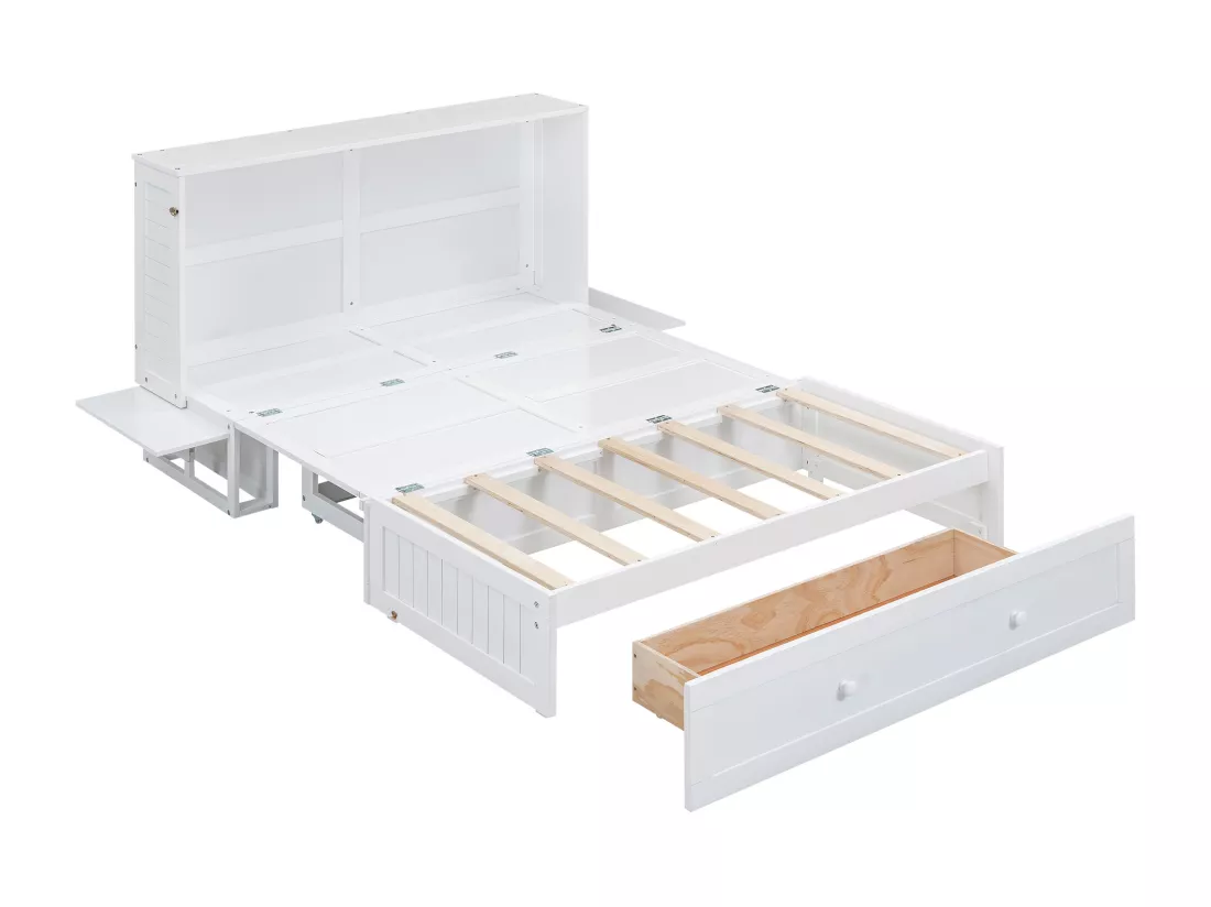 Lit escamotable mobile - 140 x 200 cm - lit convertible - tiroirs et étagère - pin et MDF - blanc