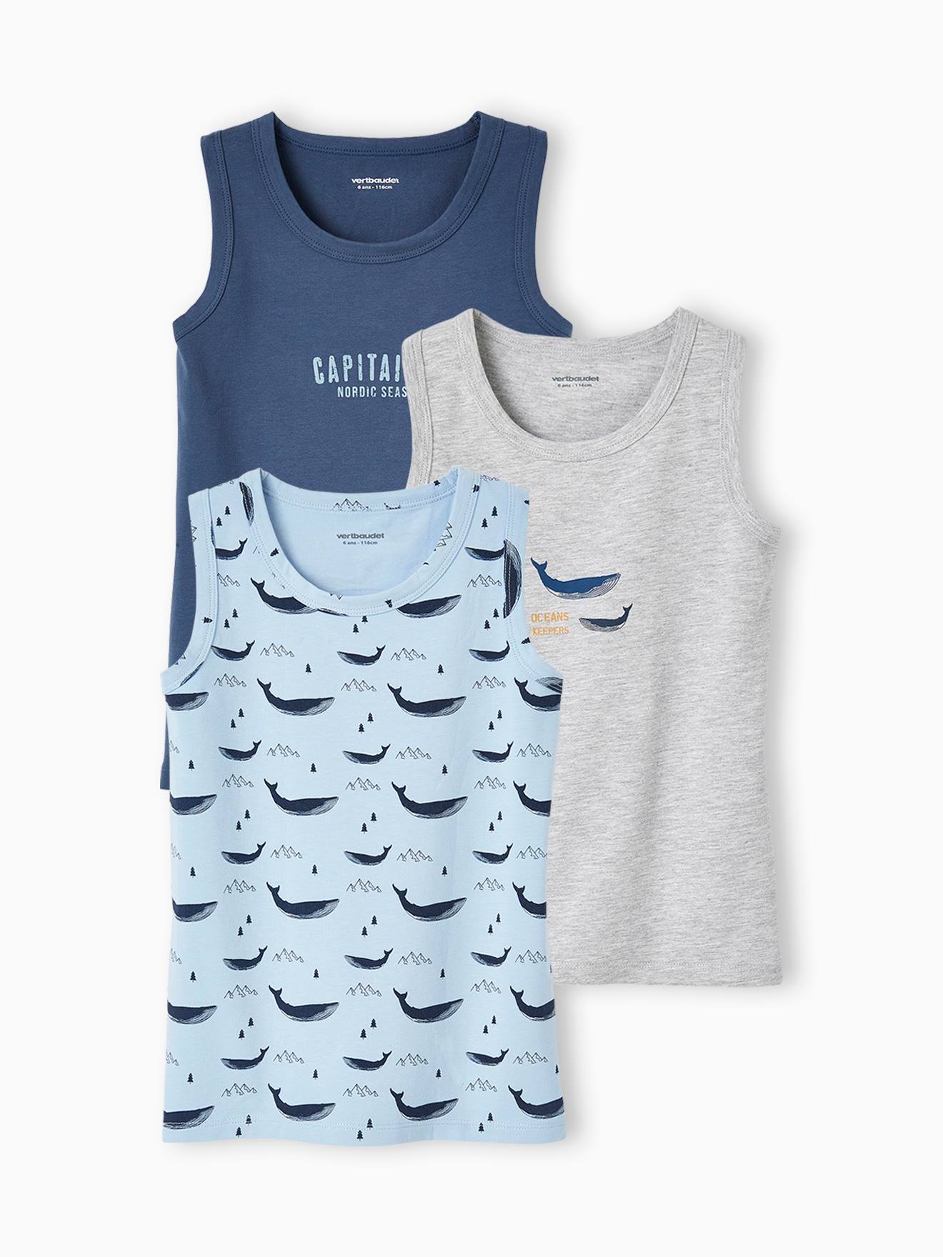 Conjunto de 3 camisetas regatas azul-claro com estampa de baleias para meninos