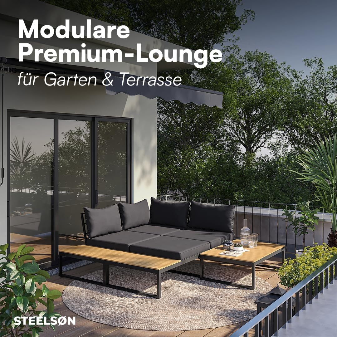 STEELSØN Zandra Gartenlounge Outdoor – modulares Gartenmöbel Set mit Ecksofa & Tisch wetterfest – Balkonmöbel aus Akazien Holz & Stahl mit Kissen in schwarz – Loungemöbel für Garten/Terasse/Balkon
