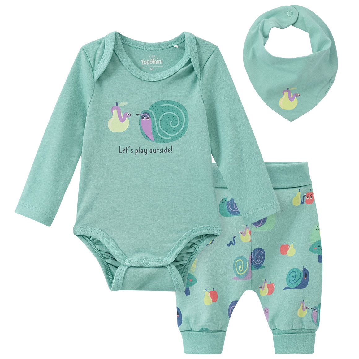 Topomini Newborn Langarmbody, Hose und Bandana helltürkis / bunt