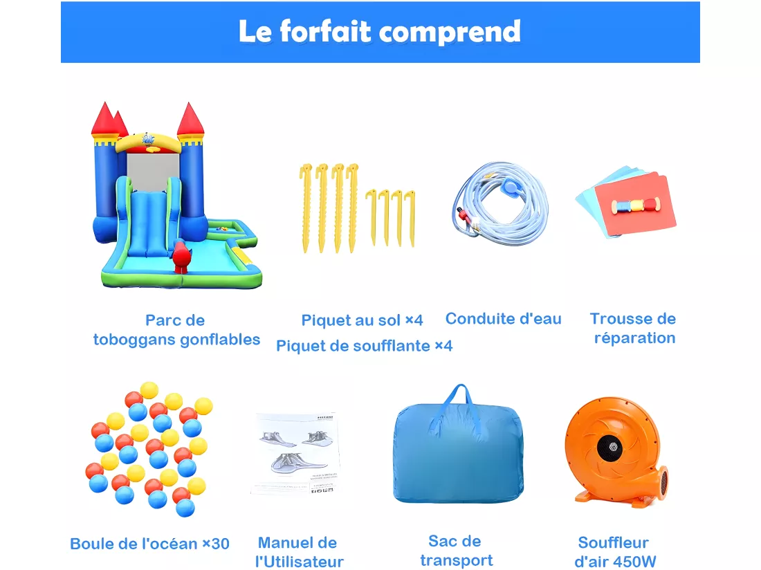 Château Gonflable pour Enfants 6-en-1 avec Souffleur 450W Toboggan Pataugeoire Balles à Piscine Sac et Kit de Réparation