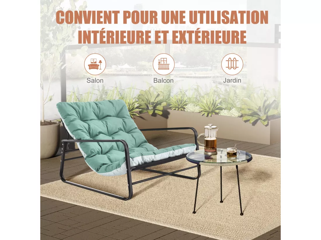 Fauteuil salon, transat jardin réversible, chaise longue balcon acier, fauteuil rembourré 2 pers, meuble terrasse (bleu + gris)
