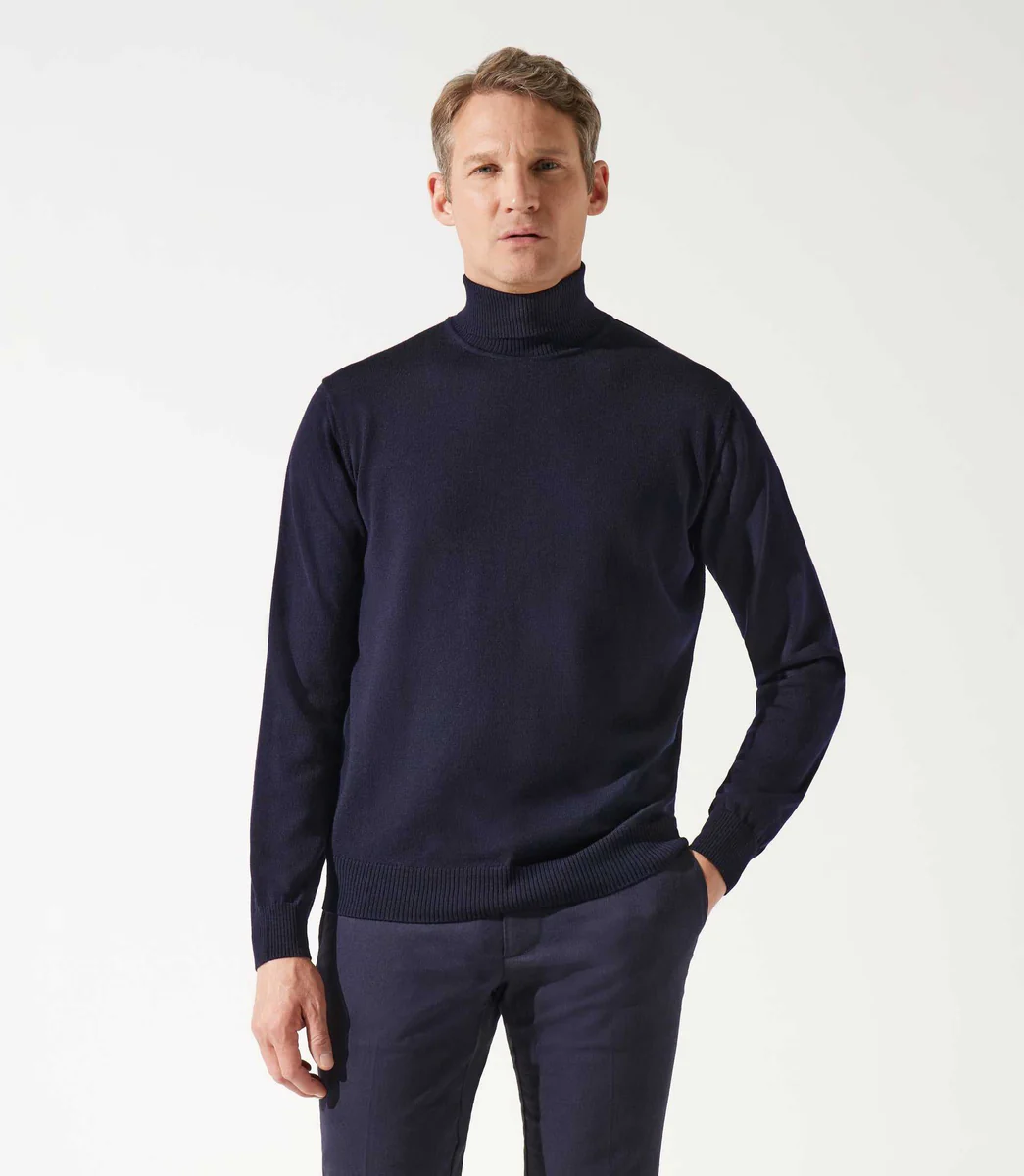 Pull col roulé marine 100% mérinos