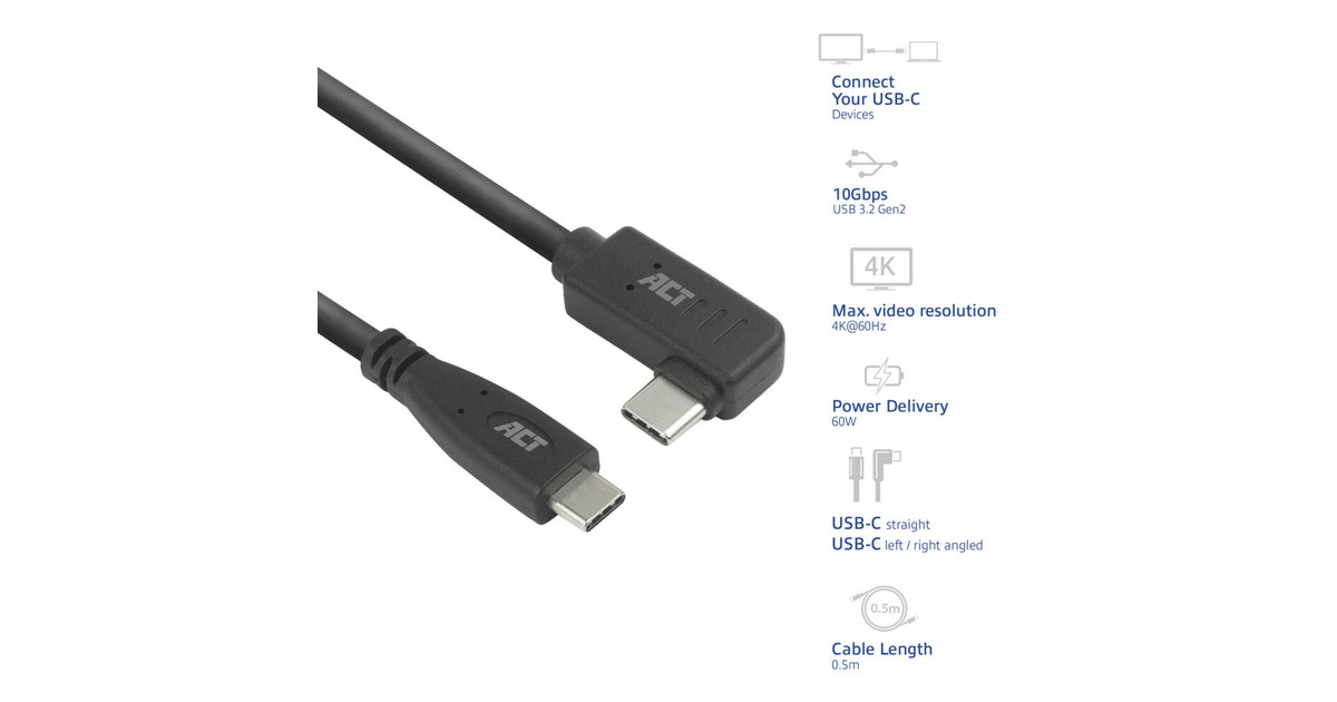 ACT ConnectivityUSB 3.2 USB-C (recht) naar USB-C (links/rechts haaks) kabel  (Zwart, 10 Gbit/s, 60W, 0,5 meter)