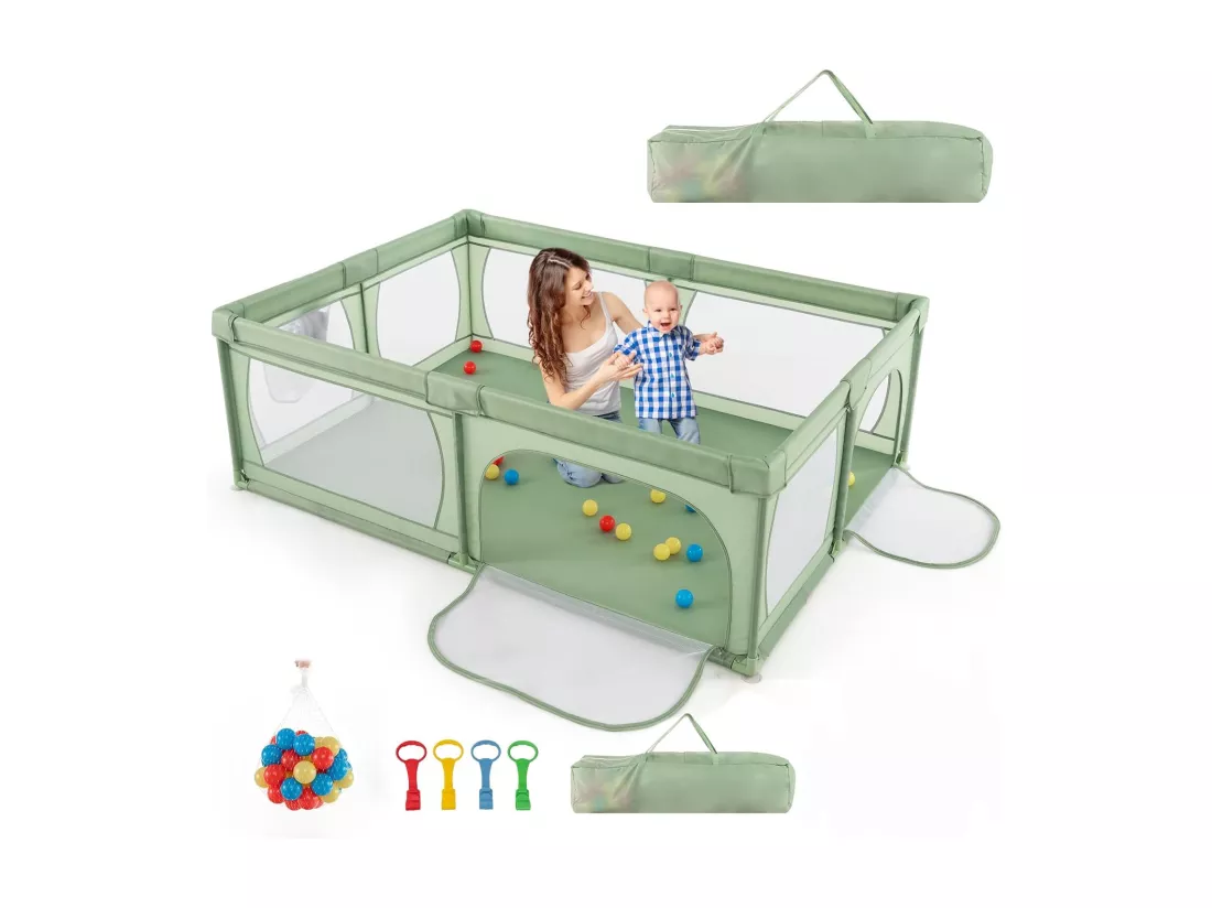 Parc pour Bébé avec 50 Balles Océaniques, Clôture pour Tout-Petits avec Maille Respirante, Centre d'Activités avec Base Antidérapante et Grande Porte à Fermeture Eclair, 206×147×68,5CM (Vert)