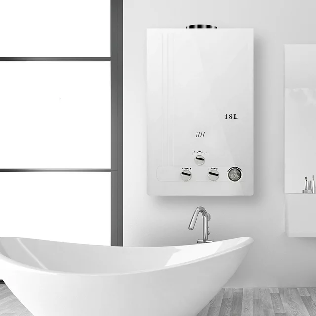 Aquecedor de água instantâneo a gás propano líquido TCMT de 18 litros, com vazão de 4,8 GPM e visor digital.