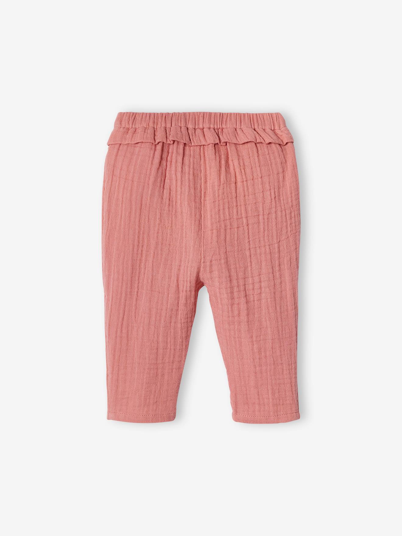 Calças de chiffon de algodão para bebê, rosa claro