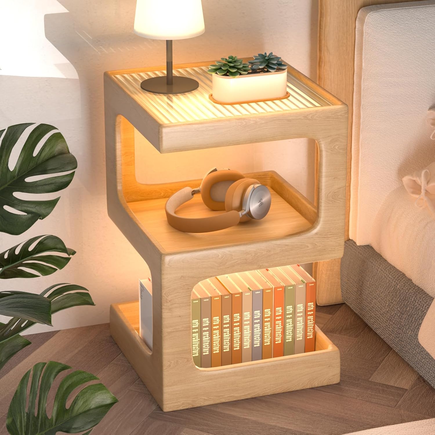 Moderner Beistelltisch aus Massivholz mit Glasplatte – Nachttisch mit 3 Ablagen für Wohnzimmer & Schlafzimmer Skandinavisches Design Vielseitig und Platzsparend