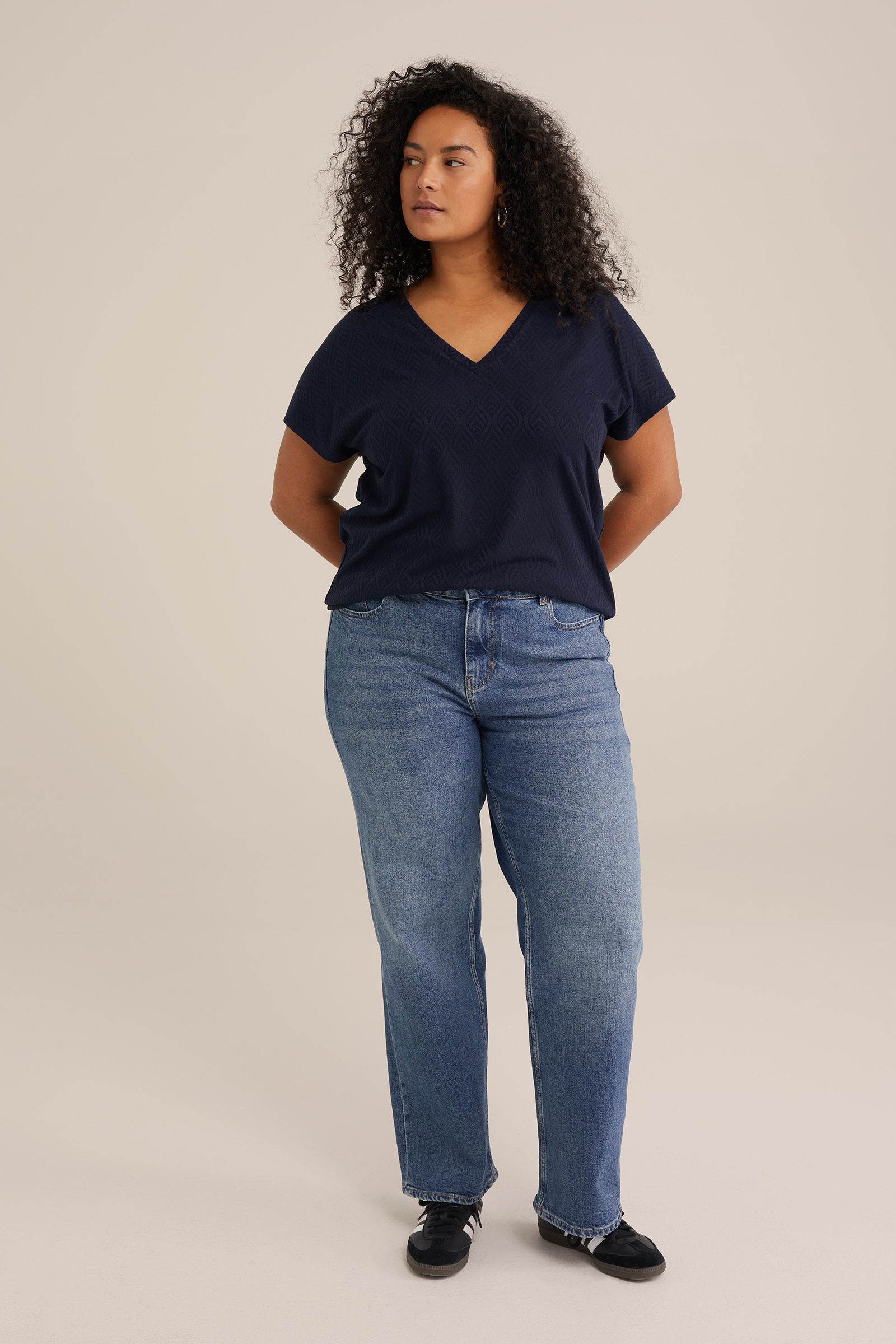 T-shirt met jacquard-dessin - Curve WE Fashion Donkerblauw