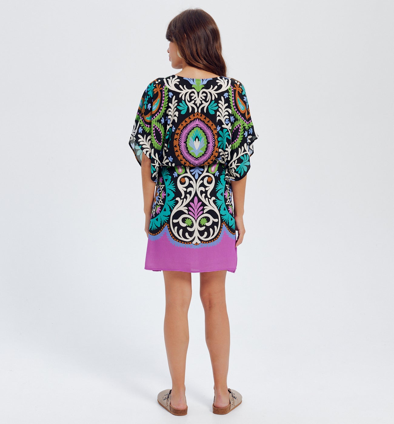 Robe caftan courte Femme - Imprimé noir