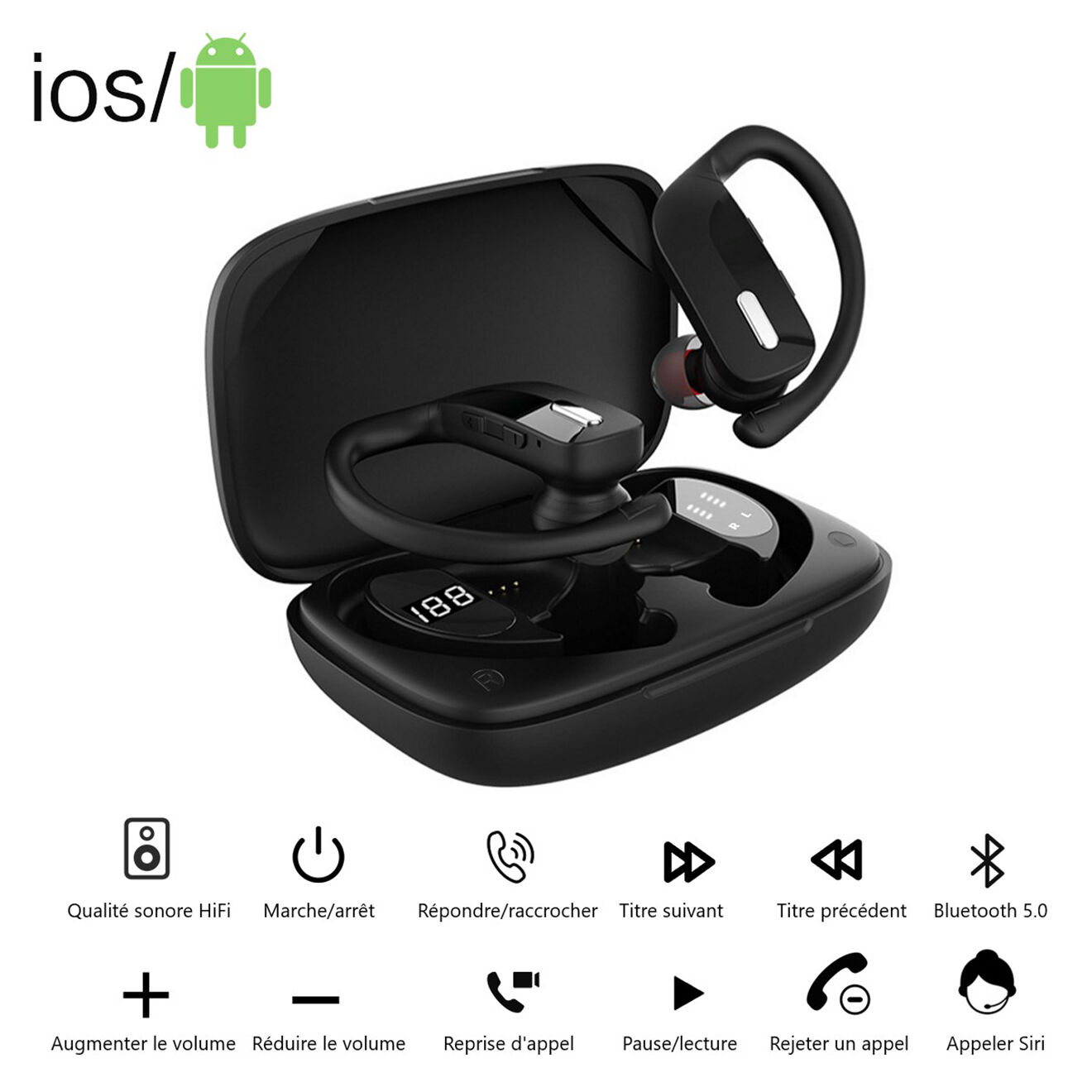 Onamaste Écouteurs Bluetooth sans fil noirs
