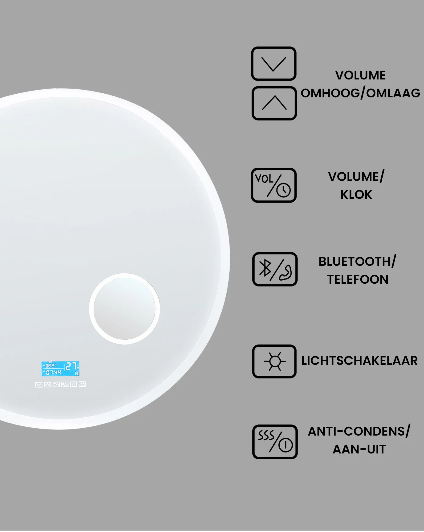 LED badkamerspiegel FIXIN 80 cm 80 cm met ingebouwde Bluetooth speaker Zilver