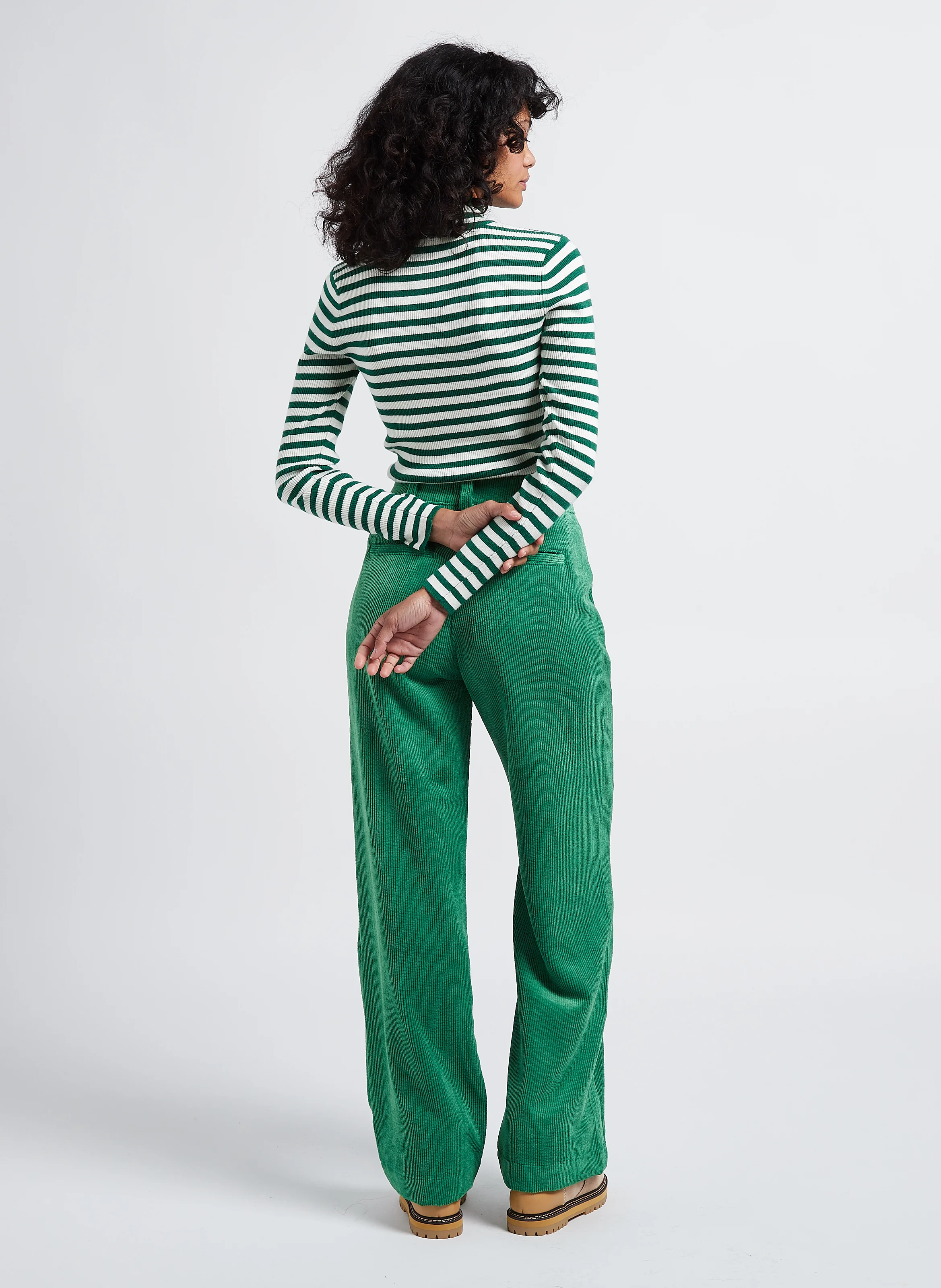 ONLY - Pantalon large taille haute côtelé | Vert