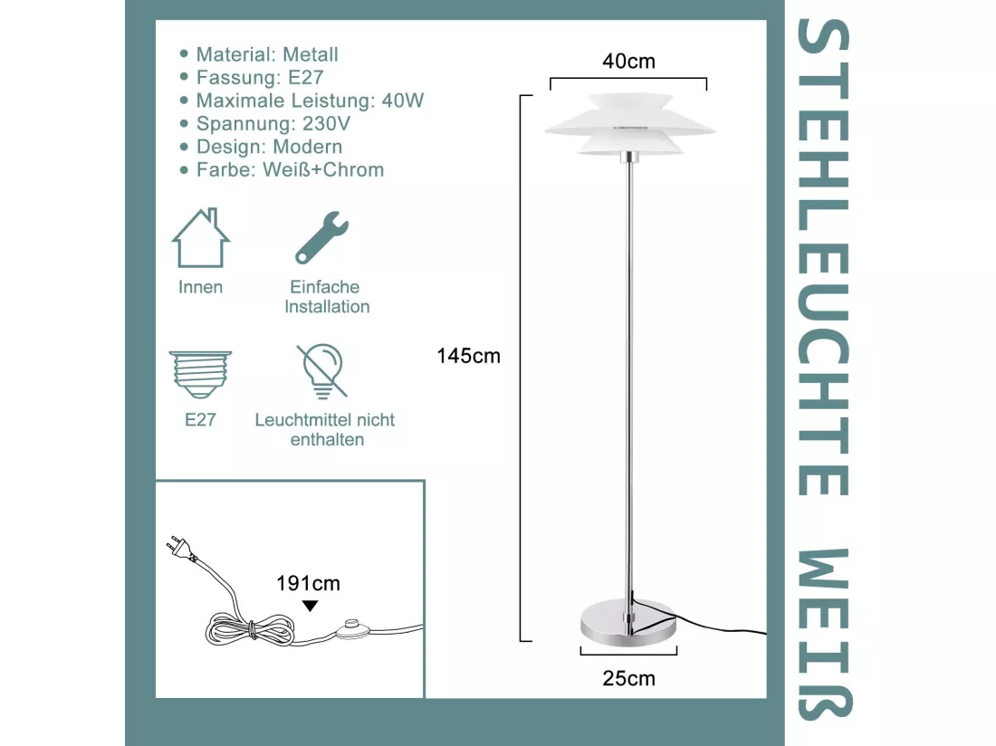 NETTLIFE Lampe sur pied pour salon, lampadaire E27 1 flamme blanc moderne, design vintage industriel | Hauteur 145 cm | Ampoule non incluse