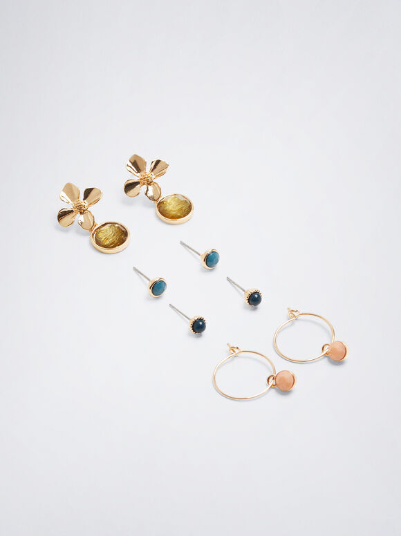 Conjunto de brincos de cristal e resina - Multicolorido