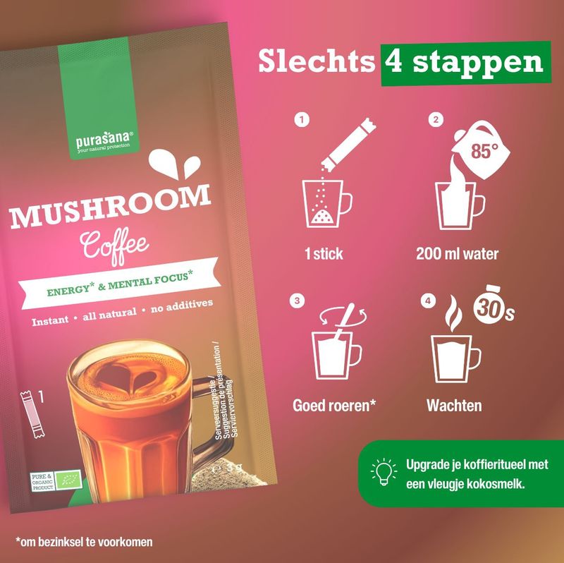 Purasana - Instant Mushroom Coffee - 18 Gram - Arabica - Met Lion’s Mane en Reishi