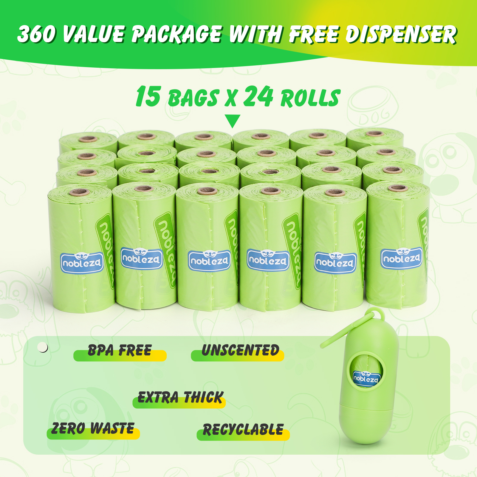 Sacos para Fezes de Cachorro Nobleza, 360 Unidades, Sacos Biodegradáveis para Fezes de Cachorro com 1 Dispensador, Sacos Extra Grossos para Excrementos de Cachorro, Resistentes e Impermeáveis, 24 Rolos/360 Unidades