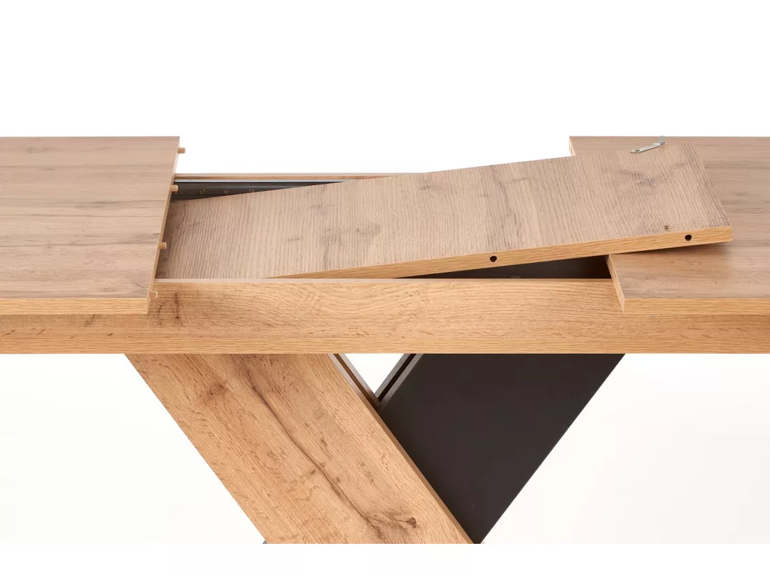 Table de salle à manger extensible avec pied central bicolore et plateau aspect chêne APODIS