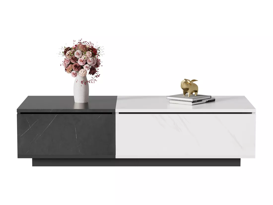 Table basse - 2 portes abattantes - effet marbre - Blanc & Gris
