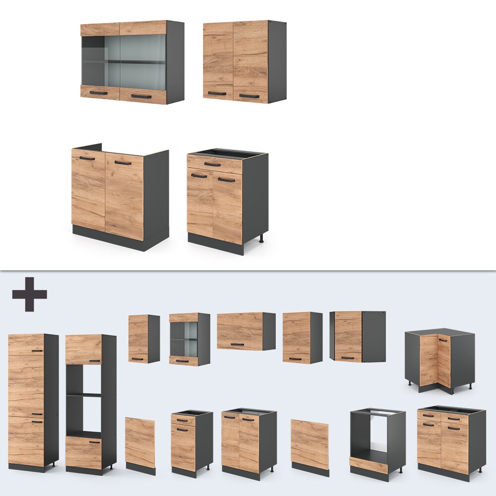 VICCO Küchenzeile R-LINE SINGLE Einbauküche 140 cm Küche Küchenblock Singleküche Anthrazit Eiche