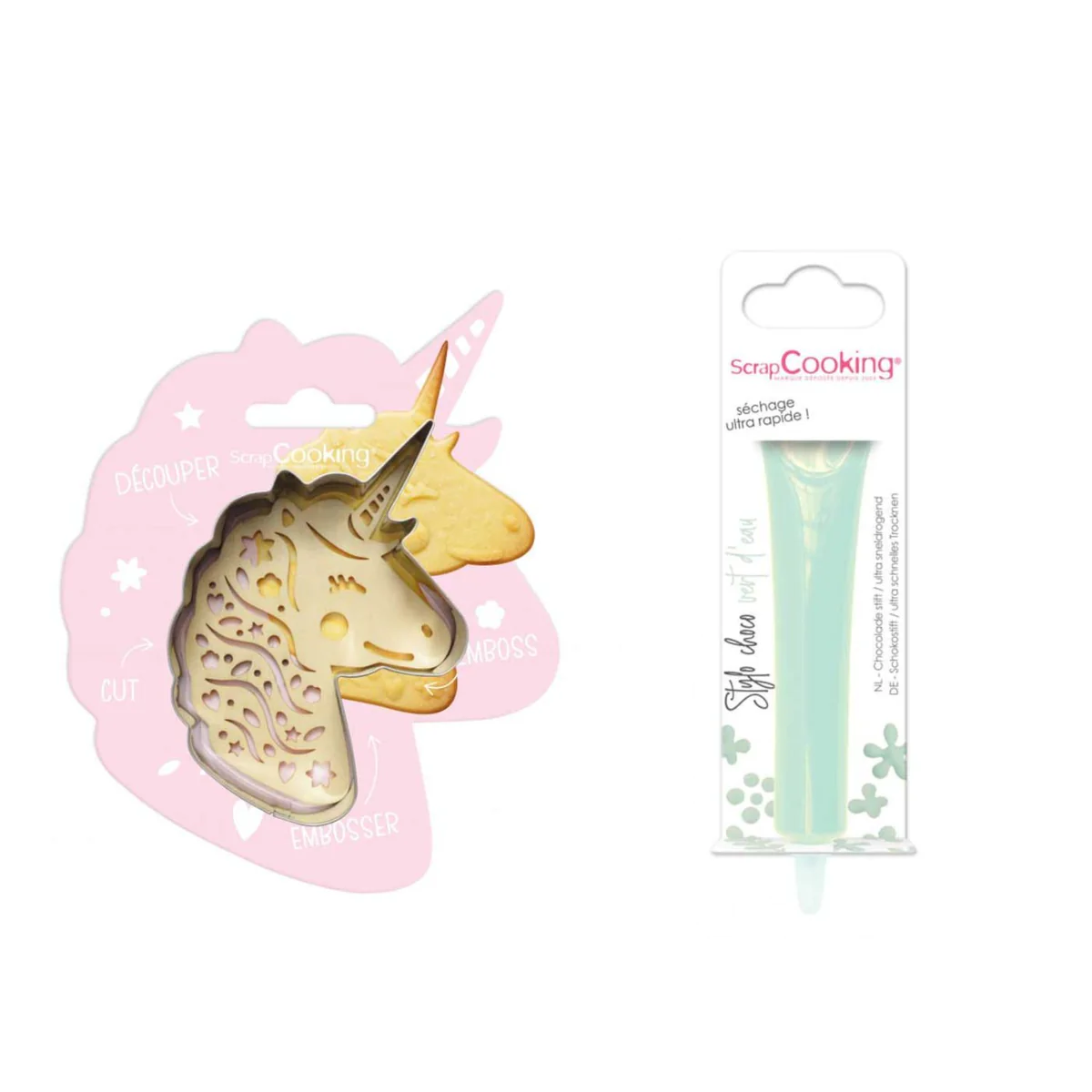 Kit pour biscuit en relief Licorne + Stylo au chocolat vert d'eau Scra